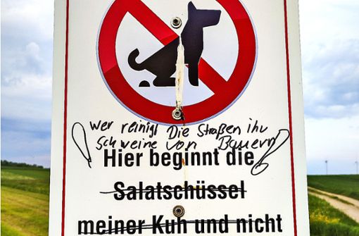 Unflätige Bemerkungen auf dem Schild, das Hundehalter sensibilisieren soll. Foto: ufa