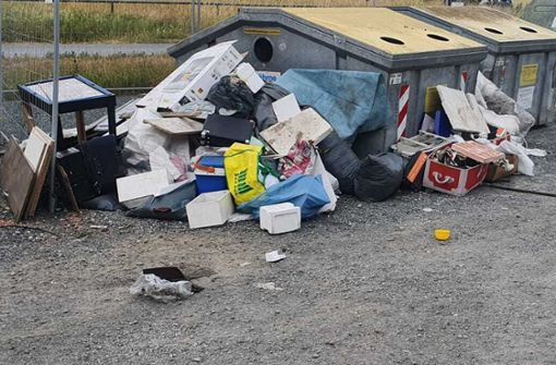 Einfach abgeladen. Unbekannte haben ihren Müll direkt neben dem Wertstoffcontainer in Tauperlitz hinterlassen. Foto: Polizei Rehau