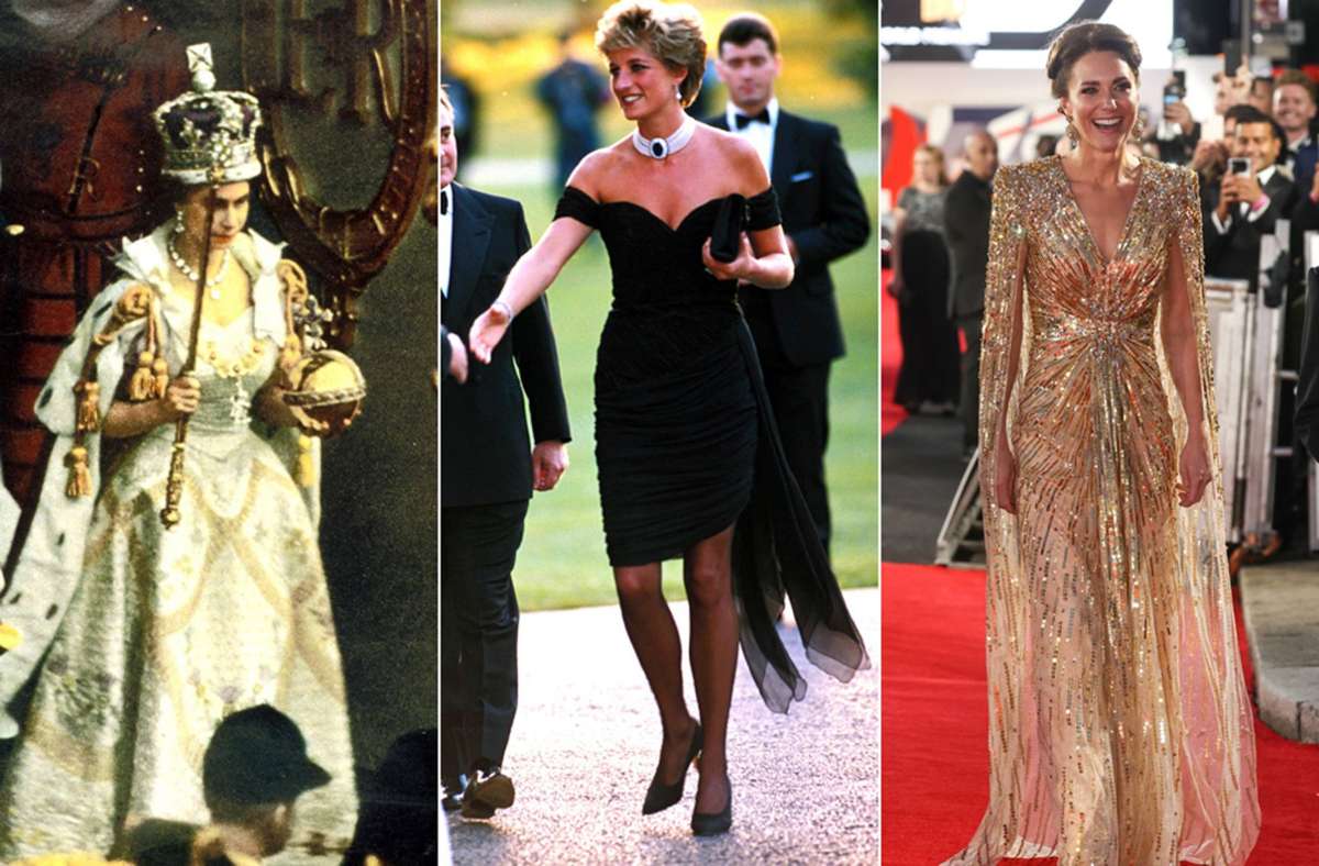 Drei Kleider, die unvergessen sind (von links): Queen Elizabeth II. in ihrer Krönungsrobe, Prinzessin Dianas „Revenge Dress“ und Herzogin Kate im „Bond-Kleid“.