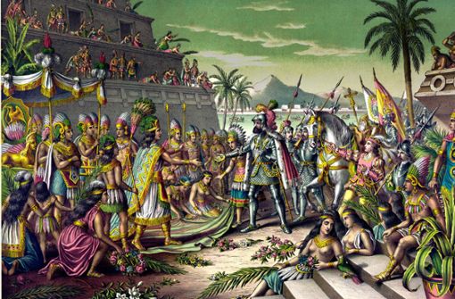 Die Begegnung von Azteken­könig Moctezuma II. und Hernán Cortés am 8. November 1519 in Tenochtitlán. Der Künstler ist unbekannt Foto: IMAGO/UIG/_