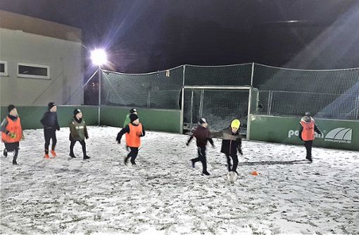 Auch bei eisigen Temperaturen wollen die Nachwuchskicker des TSV Arzberg-Röthenbach nicht aufs Fußballspielen verzichten. Dank einer selbst gebauten Flutlichtanlage auf dem Kleinspielfeld an der Egerstraße können die Jugendmannschaften am Abend draußen ihrem Sport nachgehen. Foto: pr.