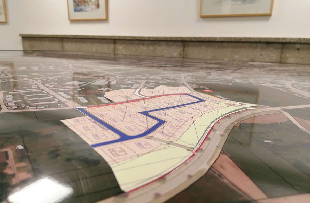 Im Foyer des Rathauses können sich Interessierte auf einem Lageplan ansehen, wie das Baugebiet Fichtig-Süd parzelliert ist. Foto: Gödde