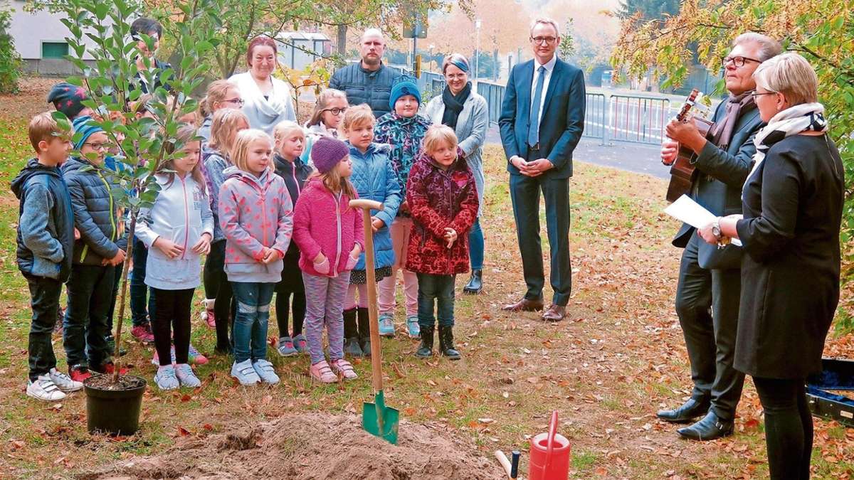 Selb: Kinder pflanzen Apfelbaum im Vorgarten der Schule