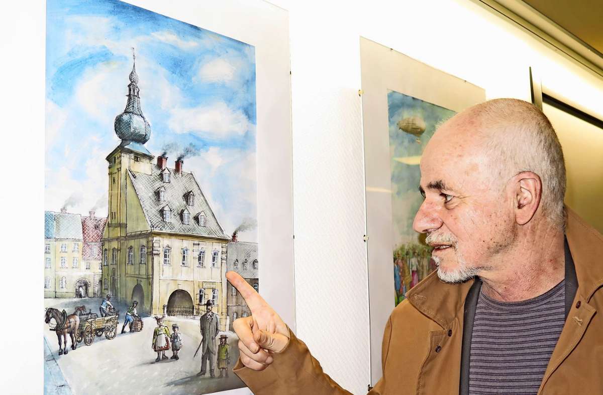 Vladimir Kalous vor seinem Bild des  alten Rathauses von Asch. Foto: Metzner